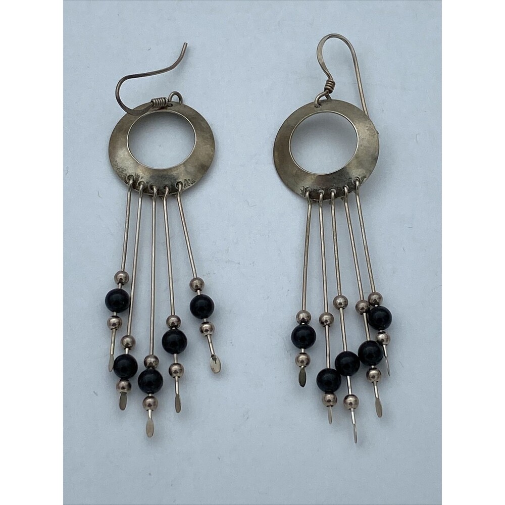 Vintage South Western Sterling Silver Black Onyx  Quill Dangle Earrings